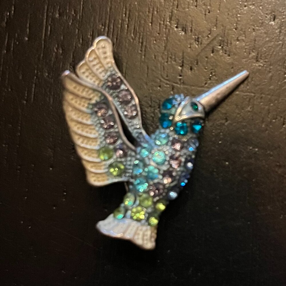 Vintage Silver Tone Hummingbird Brooch with Green Blue Purple Rhinestones